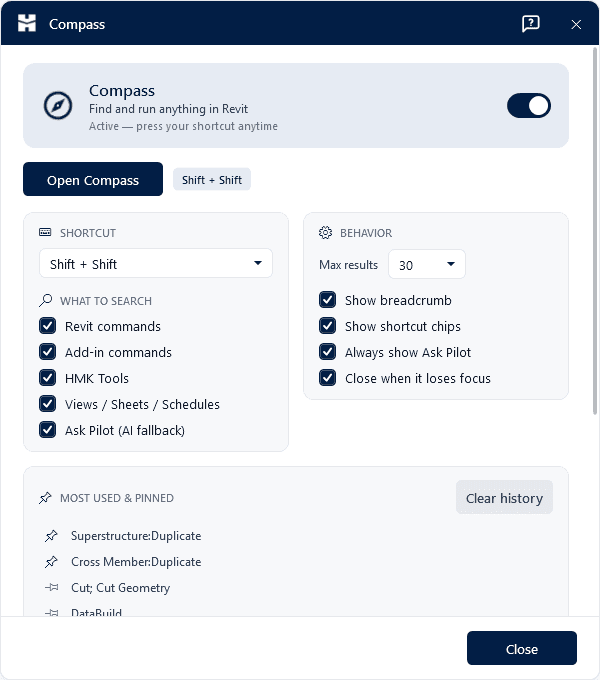 Compass — A command palette for Revit — find and run anything in seconds.