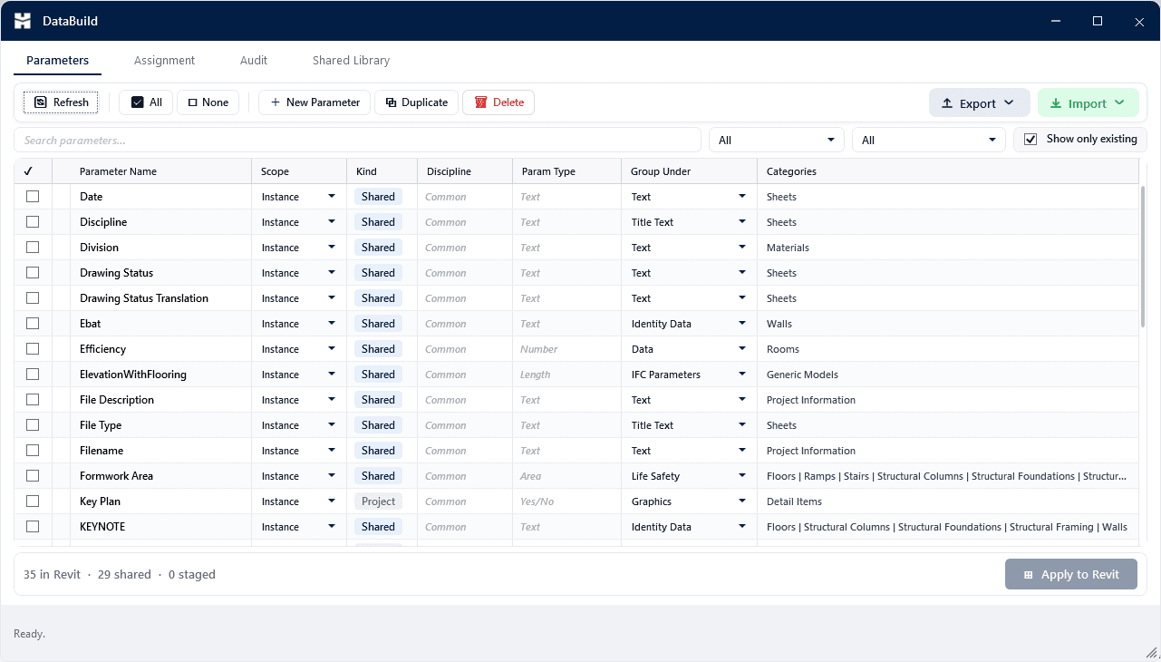 DataBuild — Create, edit, and bind parameters in one place.