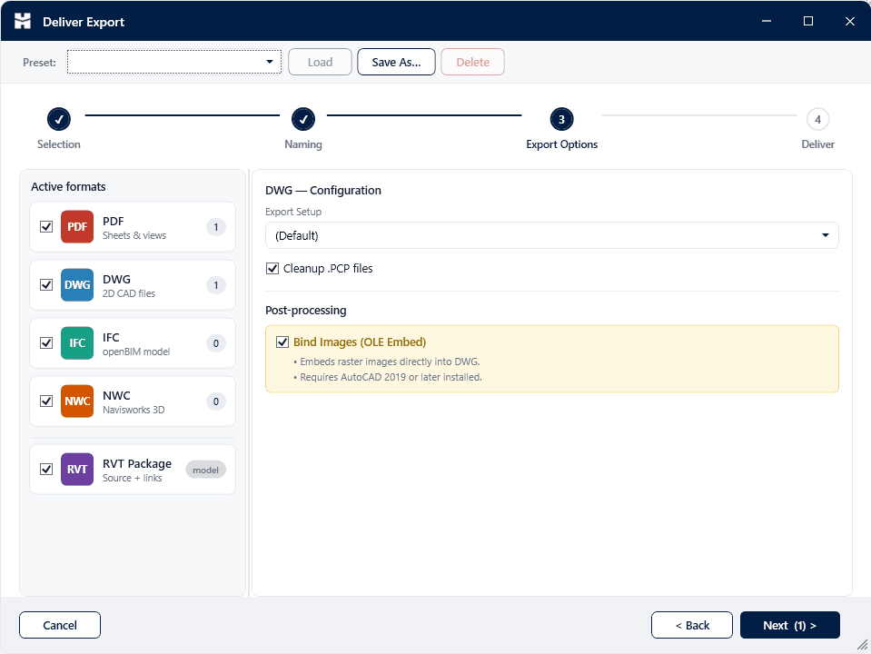 Deliver — Batch export to PDF, DWG, IFC & NWC.