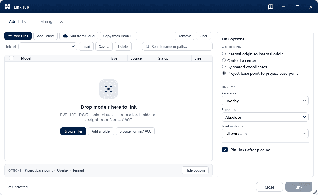 LinkHub — Batch-link Revit, IFC, CAD & point clouds — local and cloud, in one run.