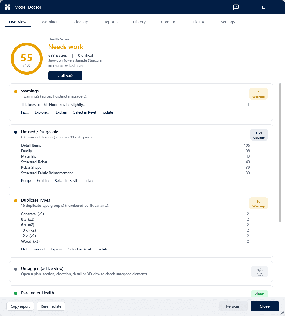 Model Doctor — Scan, score, and heal your Revit model.
