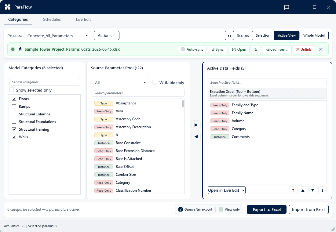 ParaFlow — Two-way parameter sync between Revit and Excel.