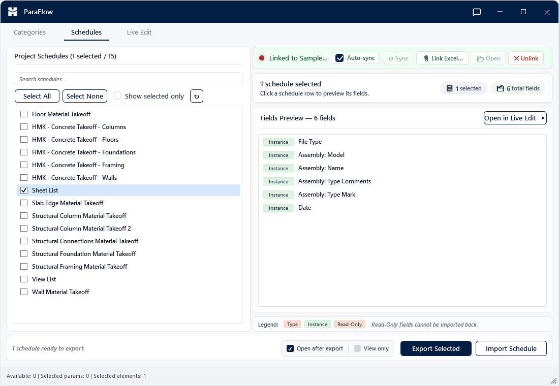 ParaFlow — Two-way parameter sync between Revit and Excel.