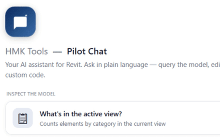 Das Pilot-Chat-Panel, angedockt in Revit, mit Vorschlägen zum Prüfen und Bearbeiten des Modells