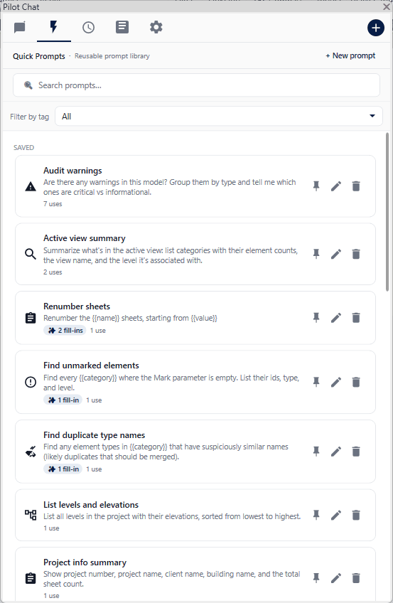 The Quick Prompts tab showing saved prompts with tags, fill-in placeholders and usage counts.