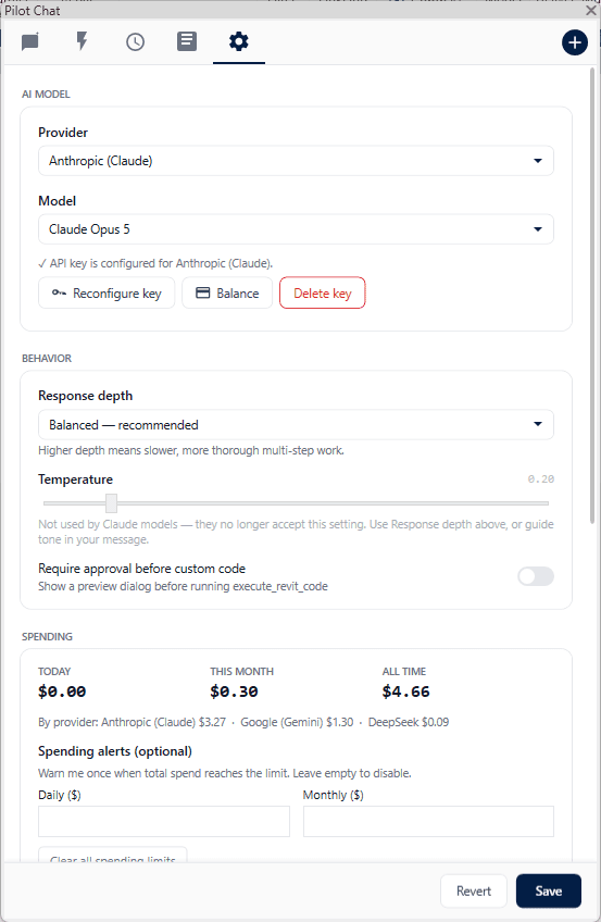 The chat panel's settings: provider and model, response depth, an approval switch for custom code, and a running spend total.