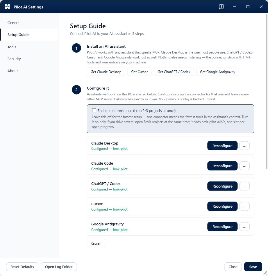 The Setup Guide tab in Settings, listing the AI assistants found on this PC with a Configure button for each.